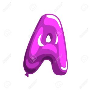 Violet letter A in shape of glossy air balloon. English alphabet concept. Cartoon font in flat style. Isolated vector design for birthday postcard, poster or flyer